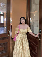 Yellow Floral Off Shoulder Puff Sleeve A-Line Maxi Dress