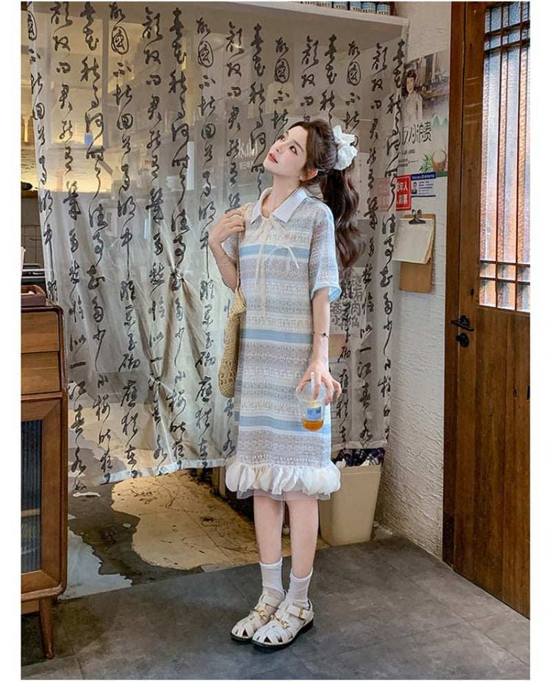 Blue Striped Lace Short Sleeve Polo Shift Mini Dress