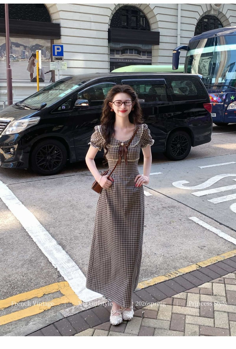 Coffee Brown Gingham Puff Sleeve Bow A-Line Maxi Dress