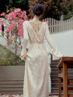 Cowl Neck Lantern Sleeve Pleated A-Line Maxi Dress