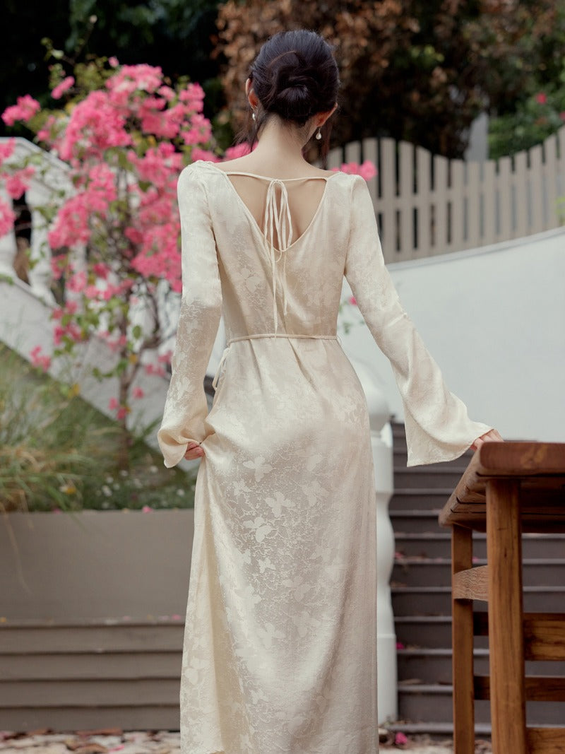 Cowl Neck Lantern Sleeve Pleated A-Line Maxi Dress