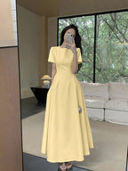 Round Neck Short Sleeve High Waist A-Line Maxi Dress