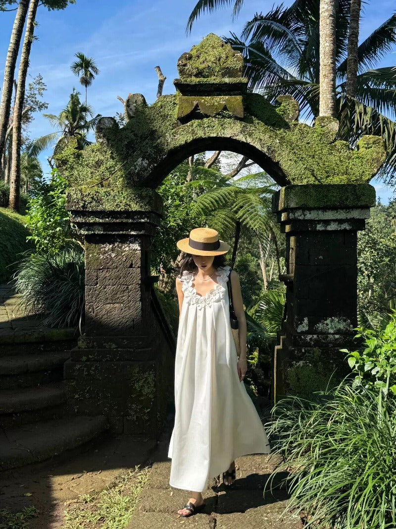 White Floral Trim Round Neck Sleeveless Relaxed A-Line Maxi Dress