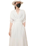 White V-Neck Pleated A-Line Maxi Dress