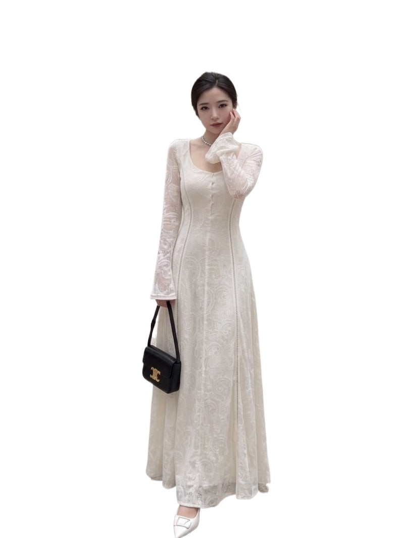 Ivory Romance Square Neck Lace Fit-and-Flare Maxi Dress