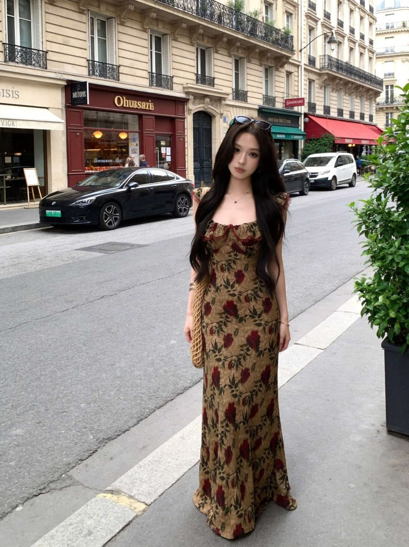 Brown Rose Print Ruffle Neck Spaghetti Strap Maxi Dress
