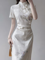 Ivory Floral Jacquard Mandarin Collar Sheath Maxi Dress