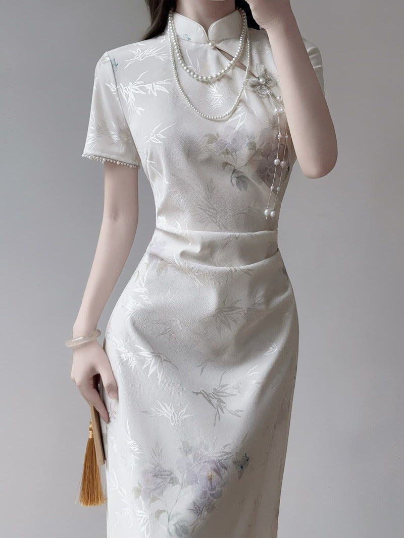 Ivory Floral Jacquard Mandarin Collar Sheath Maxi Dress