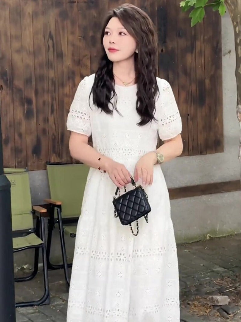 White Eyelet Lace Short Sleeve A-Line Midi Dress