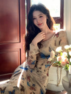 Beige Butterfly Print Square Neck Bodycon Maxi Dress