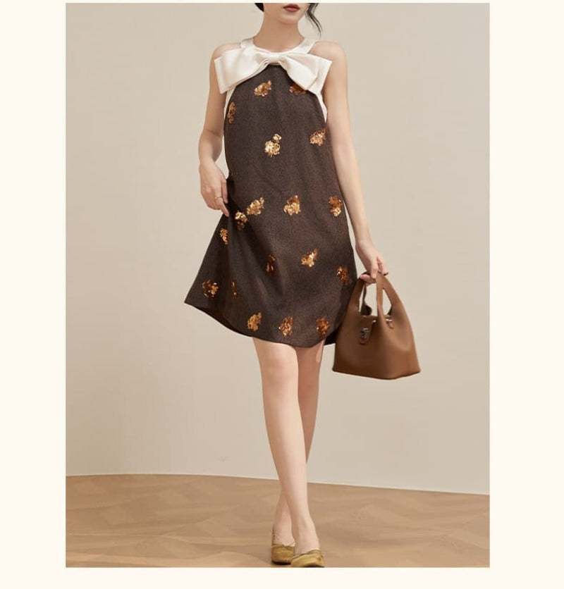 Brown Bow Neck Sequin Embellished Shift Mini Dress