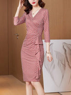 Red Print V Neck Ruched Sheath Midi Dress