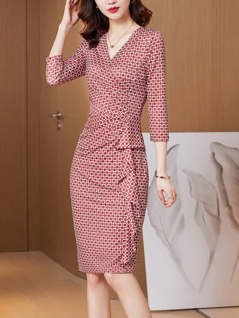 Red Print V Neck Ruched Sheath Midi Dress