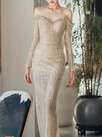 Champagne Sequin Off Shoulder Mermaid Maxi Dress