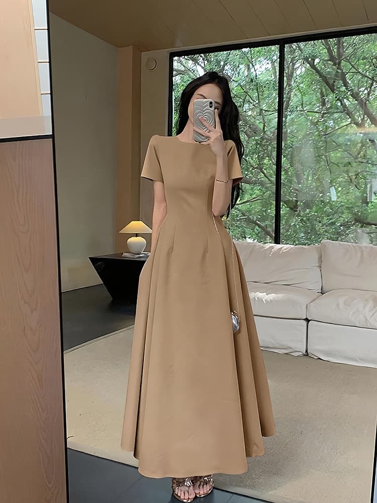 Round Neck Short Sleeve High Waist A-Line Maxi Dress