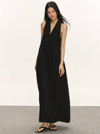 Lyocell Linen V Neck Sleeveless A-Line Maxi Dress