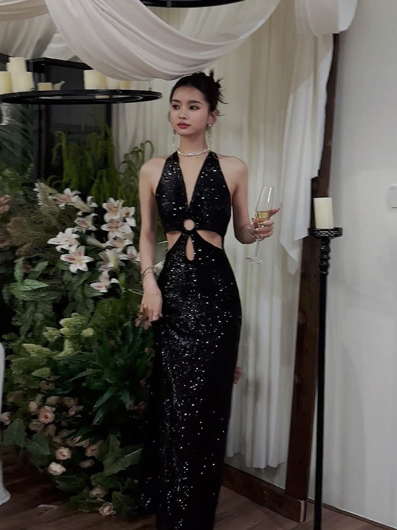 Black Sequin Halter Cutout Maxi Dress