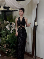 Black Sequin Halter Cutout Maxi Dress