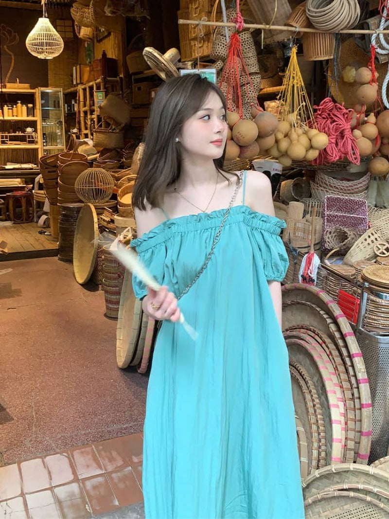 Turquoise Off-Shoulder Pleated Shift Maxi Dress