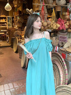 Turquoise Off-Shoulder Pleated Shift Maxi Dress