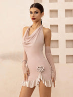 Draped Halter Bodycon Mini Dress with Floral Detail - EveningVerse - 1