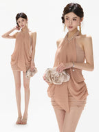 Draped Halter Neck Ruched Bodycon Mini Dress - EveningVerse - 3