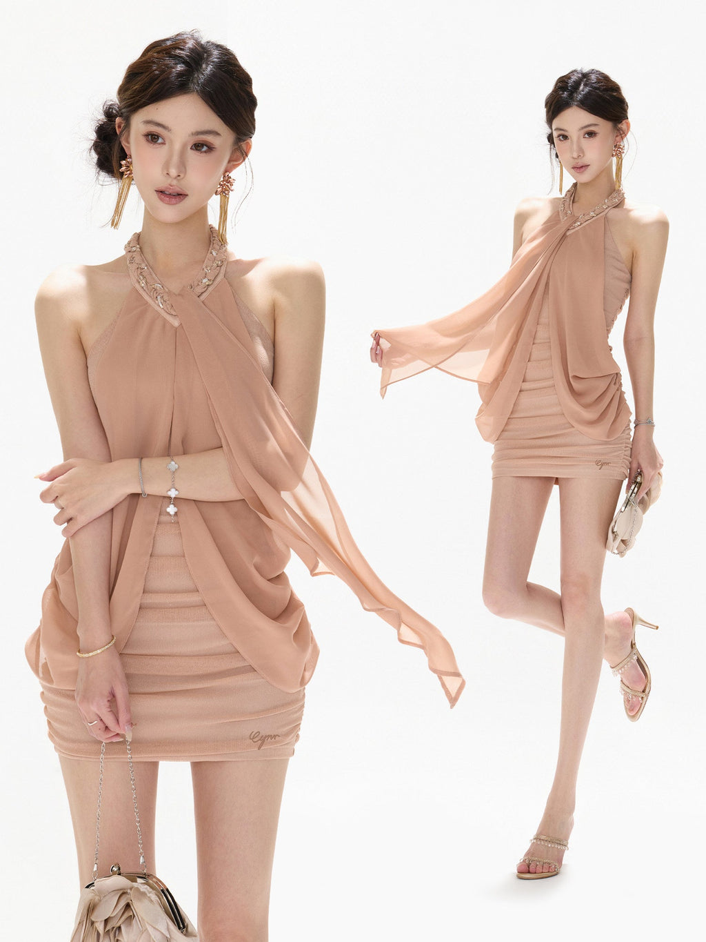 Draped Halter Neck Ruched Bodycon Mini Dress - EveningVerse - 1