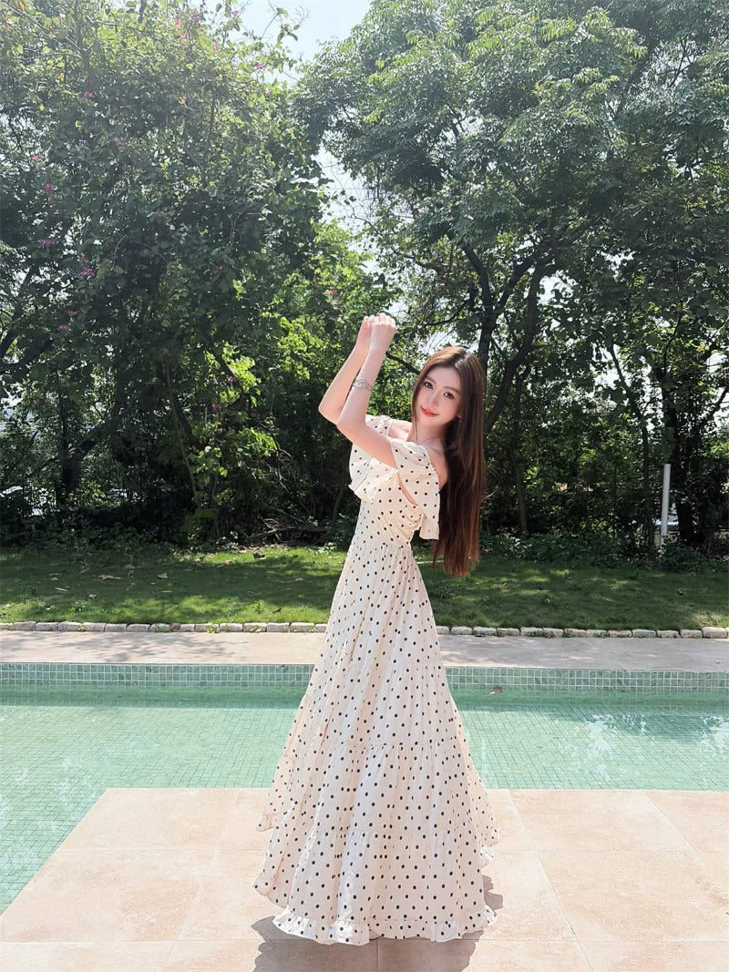 Off-Shoulder Polka Dot Tiered Maxi Dress