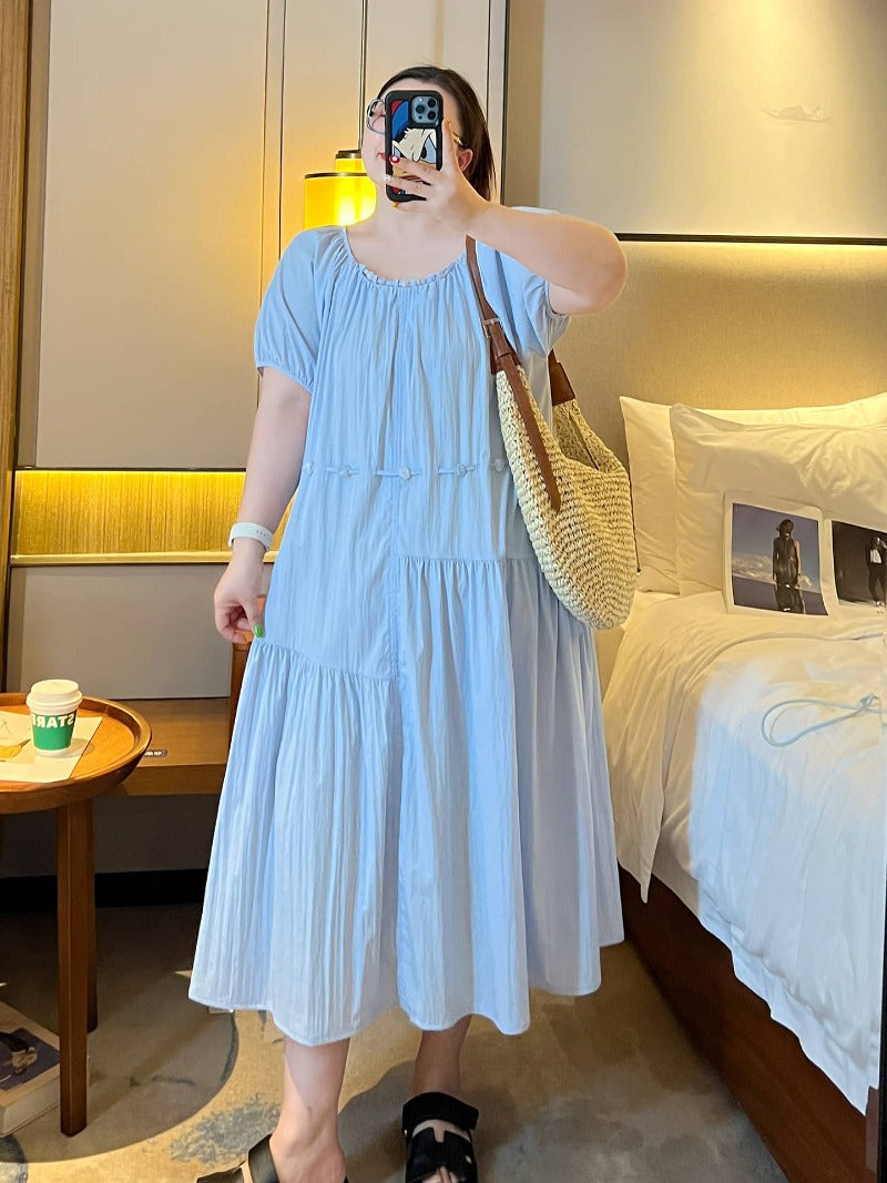 Gathered Round Neck Puff Sleeve Tie Waist Tiered Maxi Dress