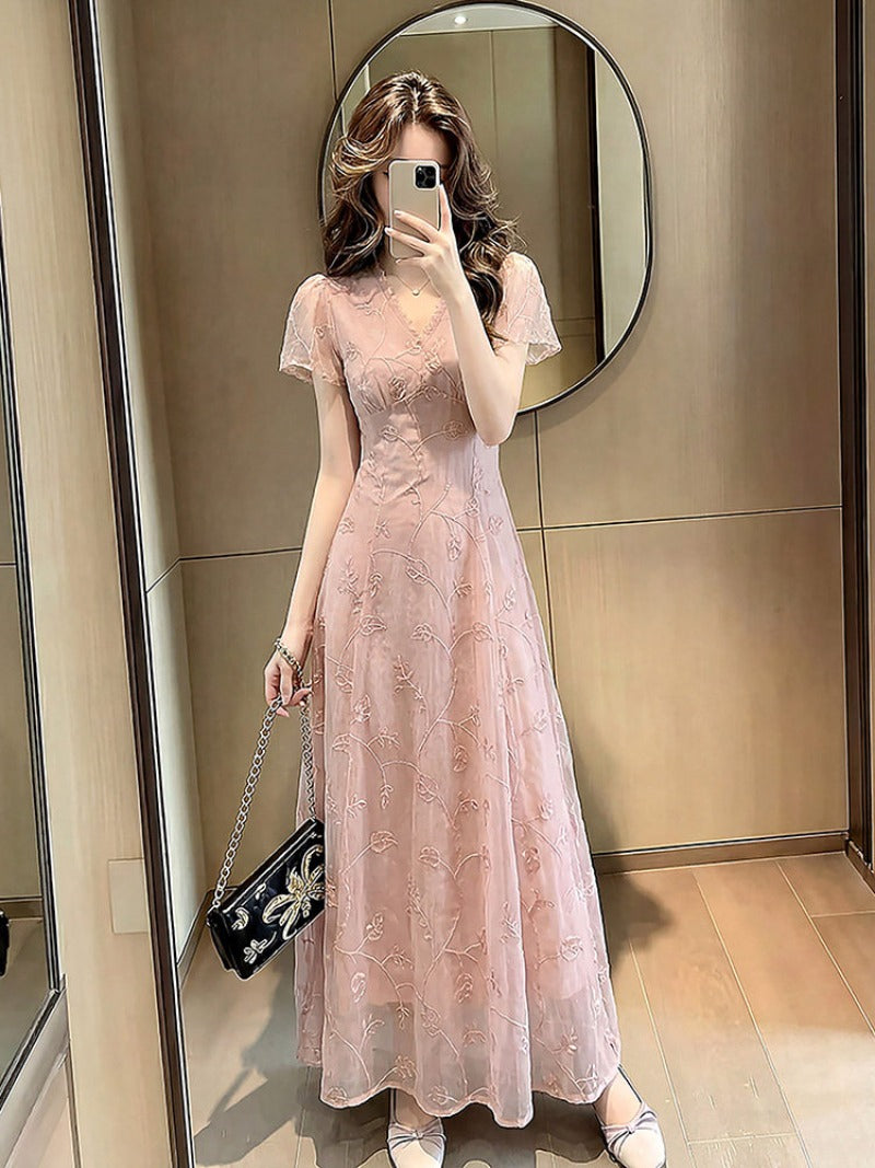 Draped V Neck Lace Sleeve Bodycon Maxi Dress