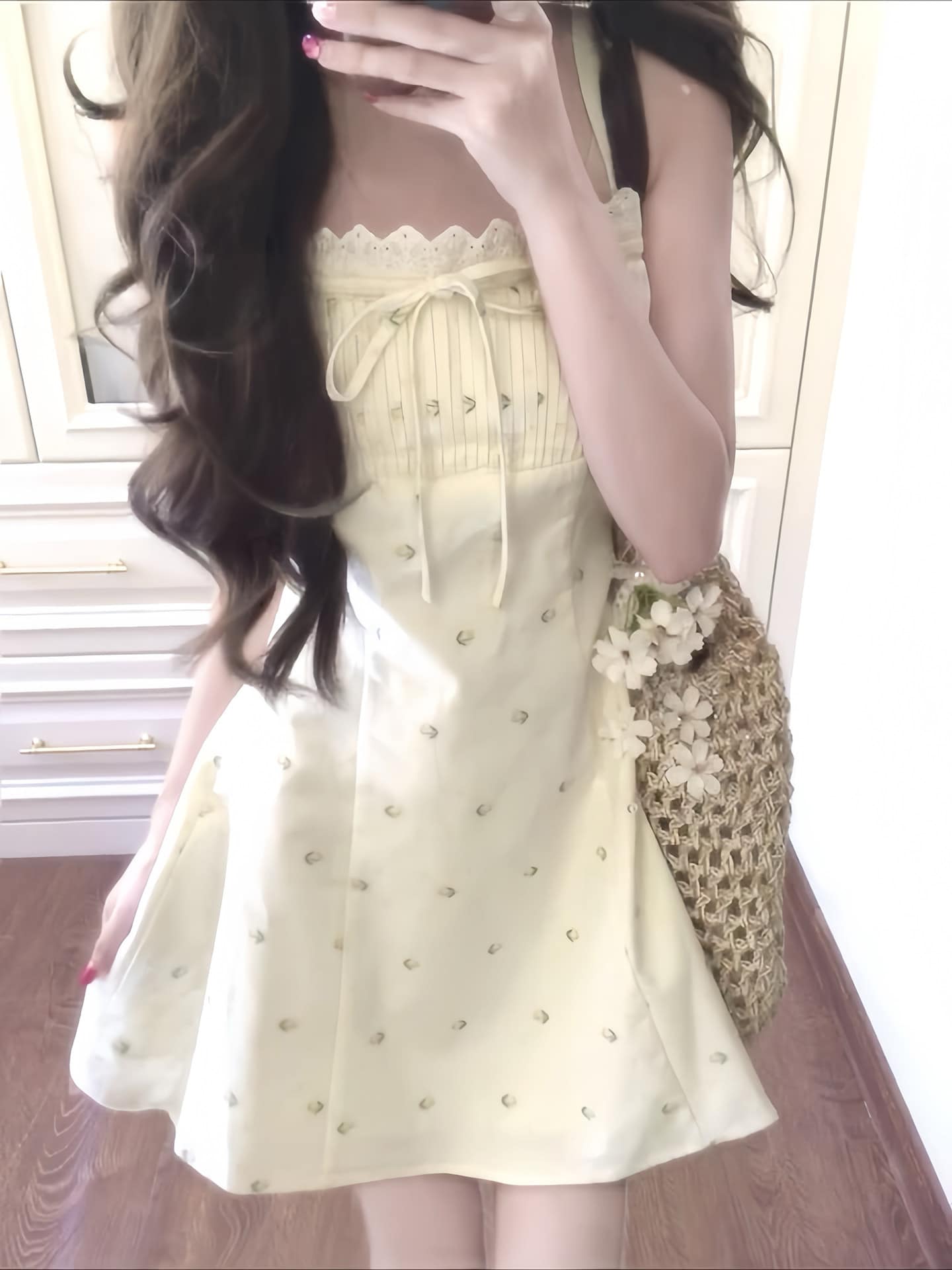 Light Yellow Bow Detail Square Neck A-Line Mini Dress