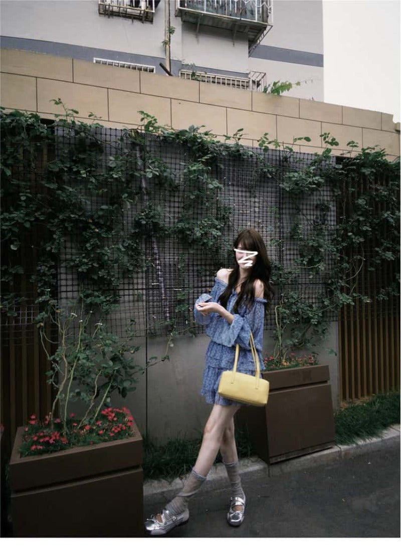 Blue Floral Off Shoulder Ruffle Mini Dress Set Main image
