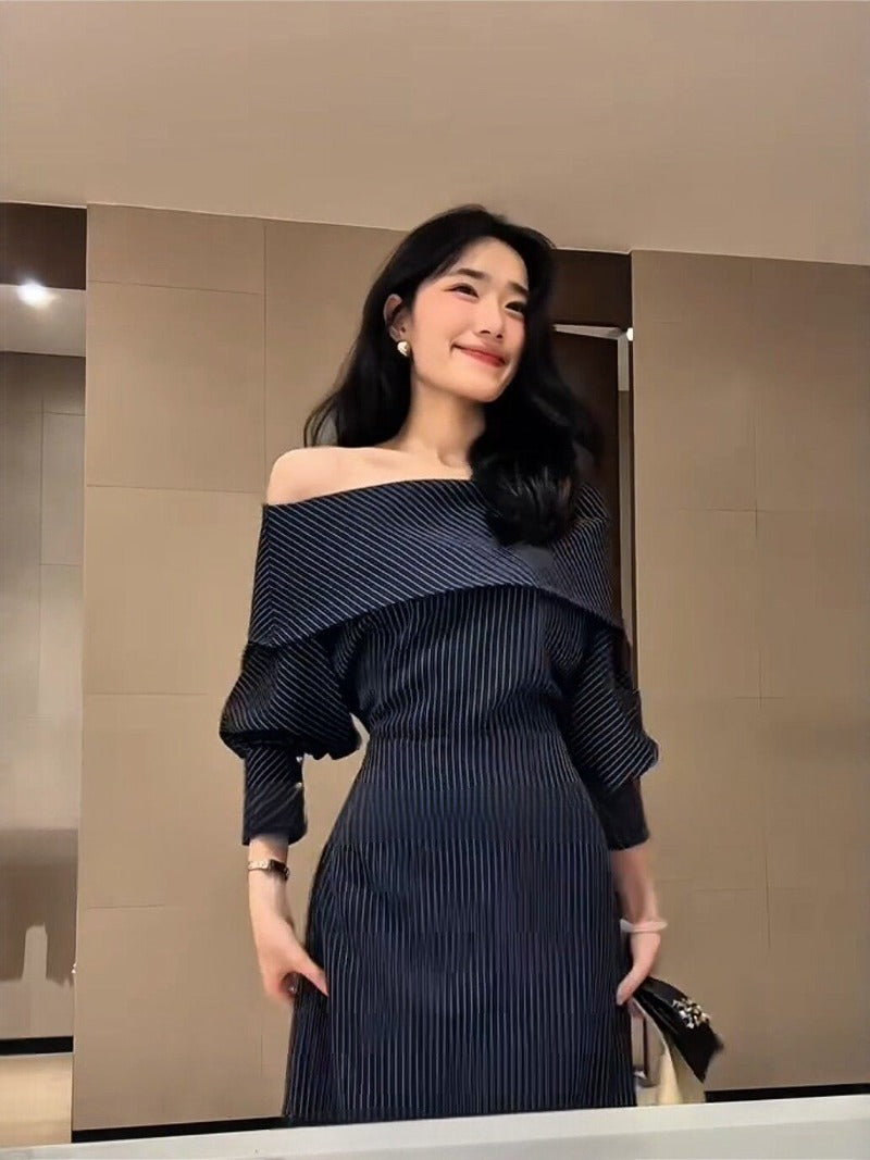 Off-Shoulder Pinstripe Long Sleeve Maxi Dress
