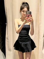 Black Strapless Ruched Ruffle Hem A-Line Mini Dress