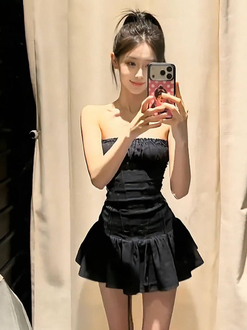 Black Strapless Ruched Ruffle Hem A-Line Mini Dress