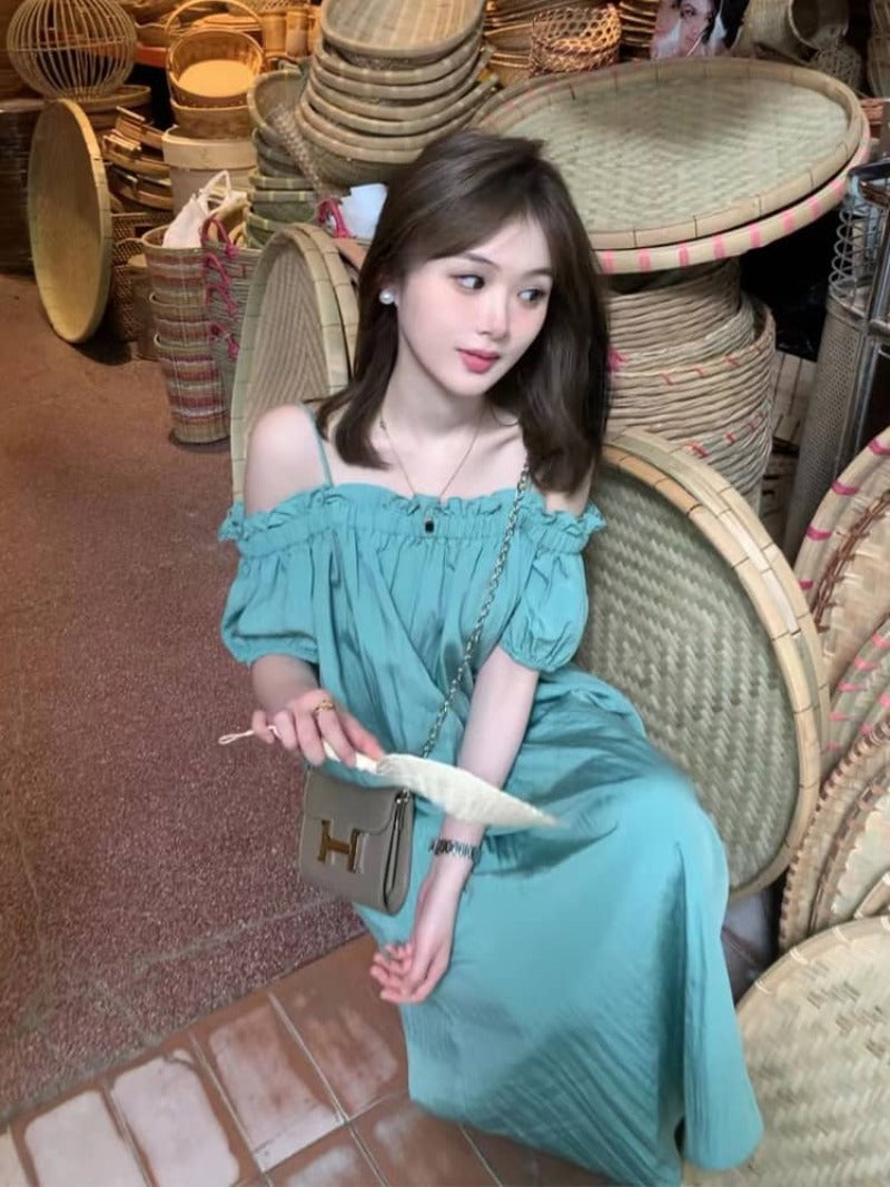Turquoise Off-Shoulder Pleated Shift Maxi Dress