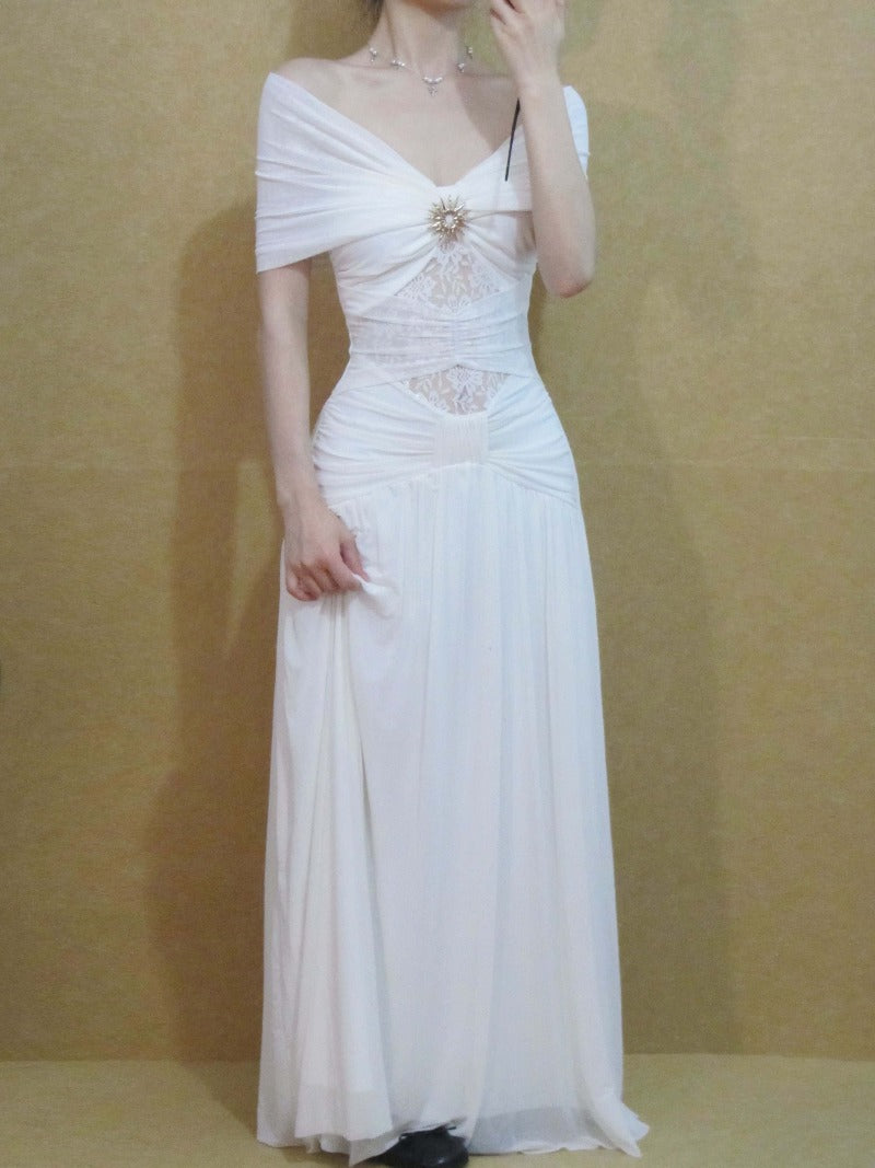 White Off Shoulder Ruched Mesh Panel A-Line Maxi Dress