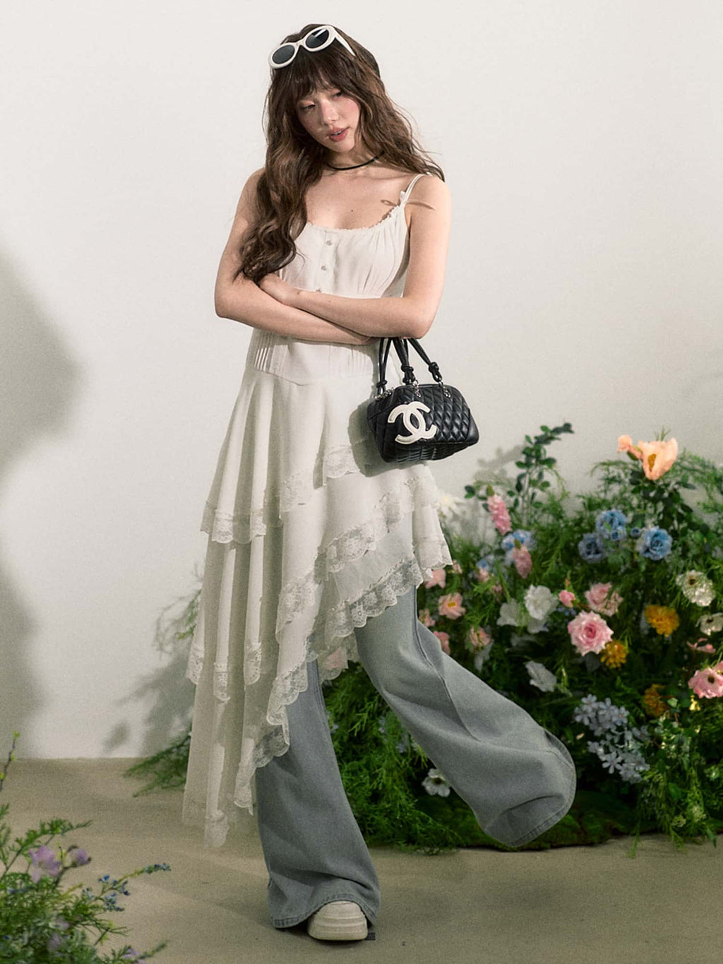 White Lace Trim Asymmetric Tiered Dress And Skirt
