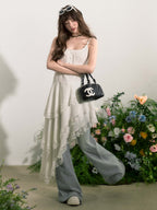 White Lace Trim Asymmetric Tiered Dress And Skirt