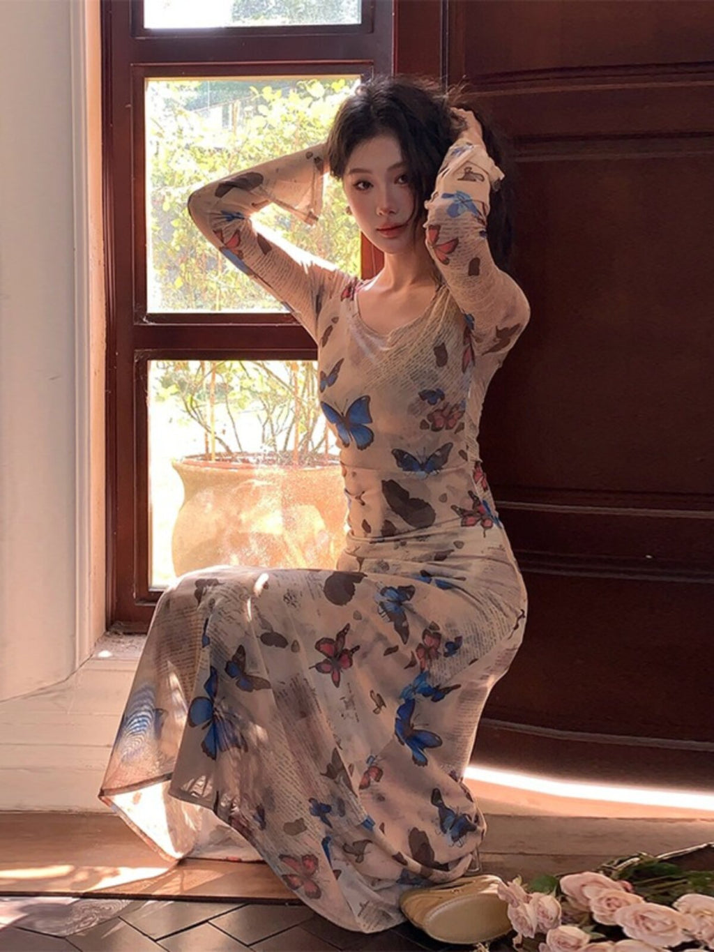 Beige Butterfly Print Square Neck Bodycon Maxi Dress