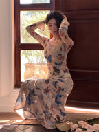 Beige Butterfly Print Square Neck Bodycon Maxi Dress