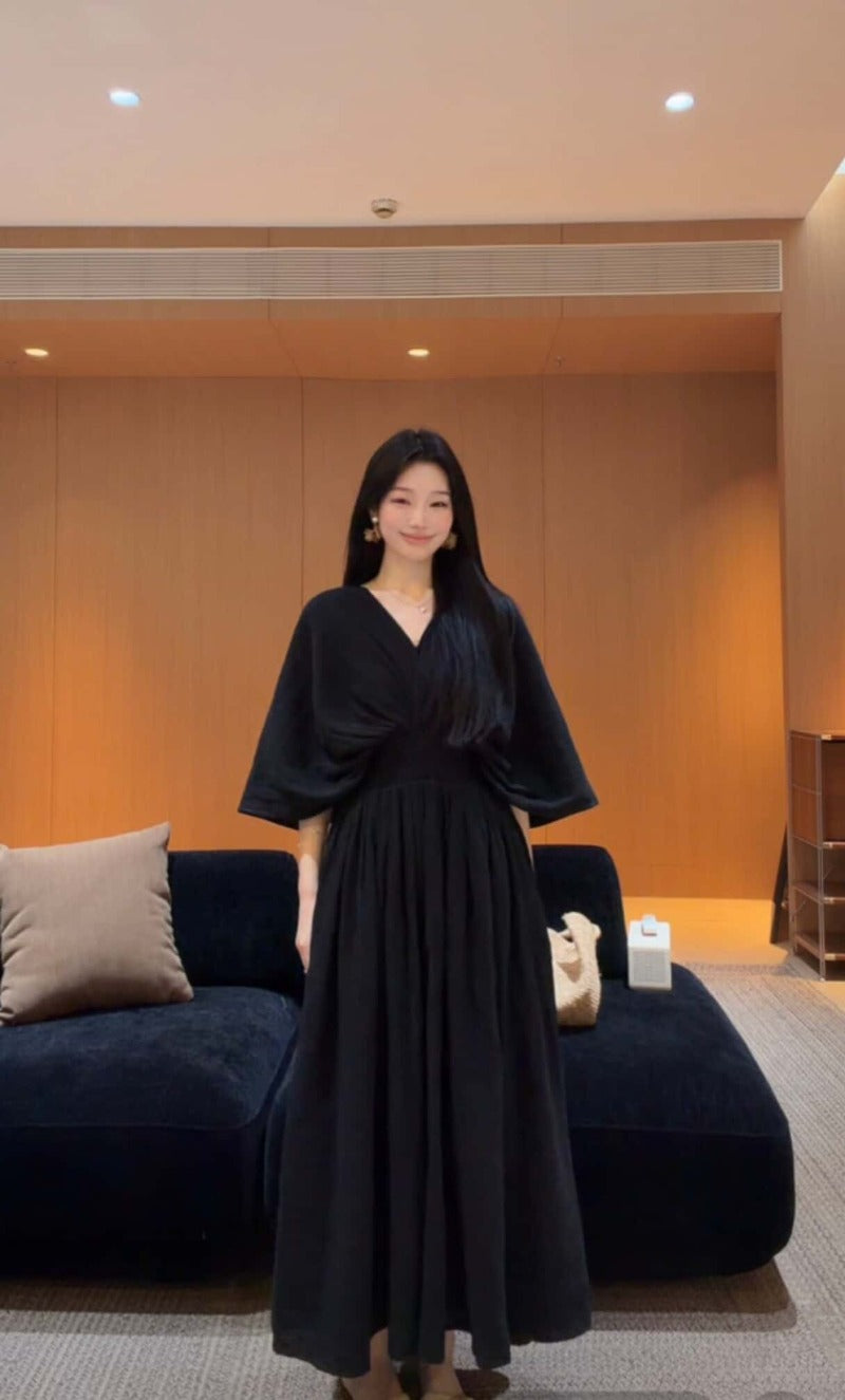 Cotton V-Neck Batwing Sleeve Maxi Dress