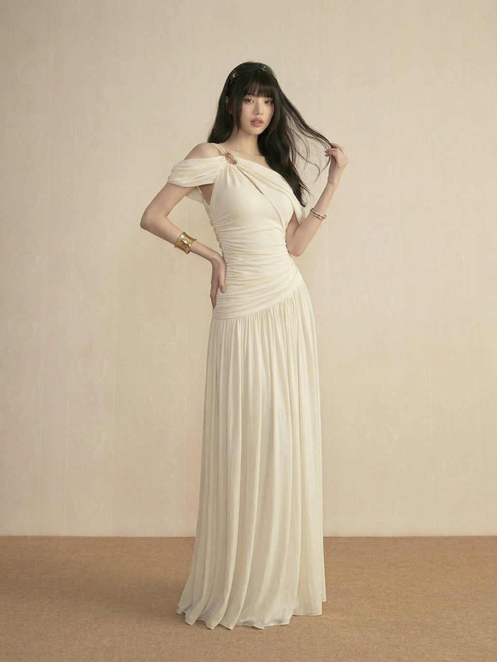 Ivory Asymmetric Draped Off Shoulder Maxi Dress