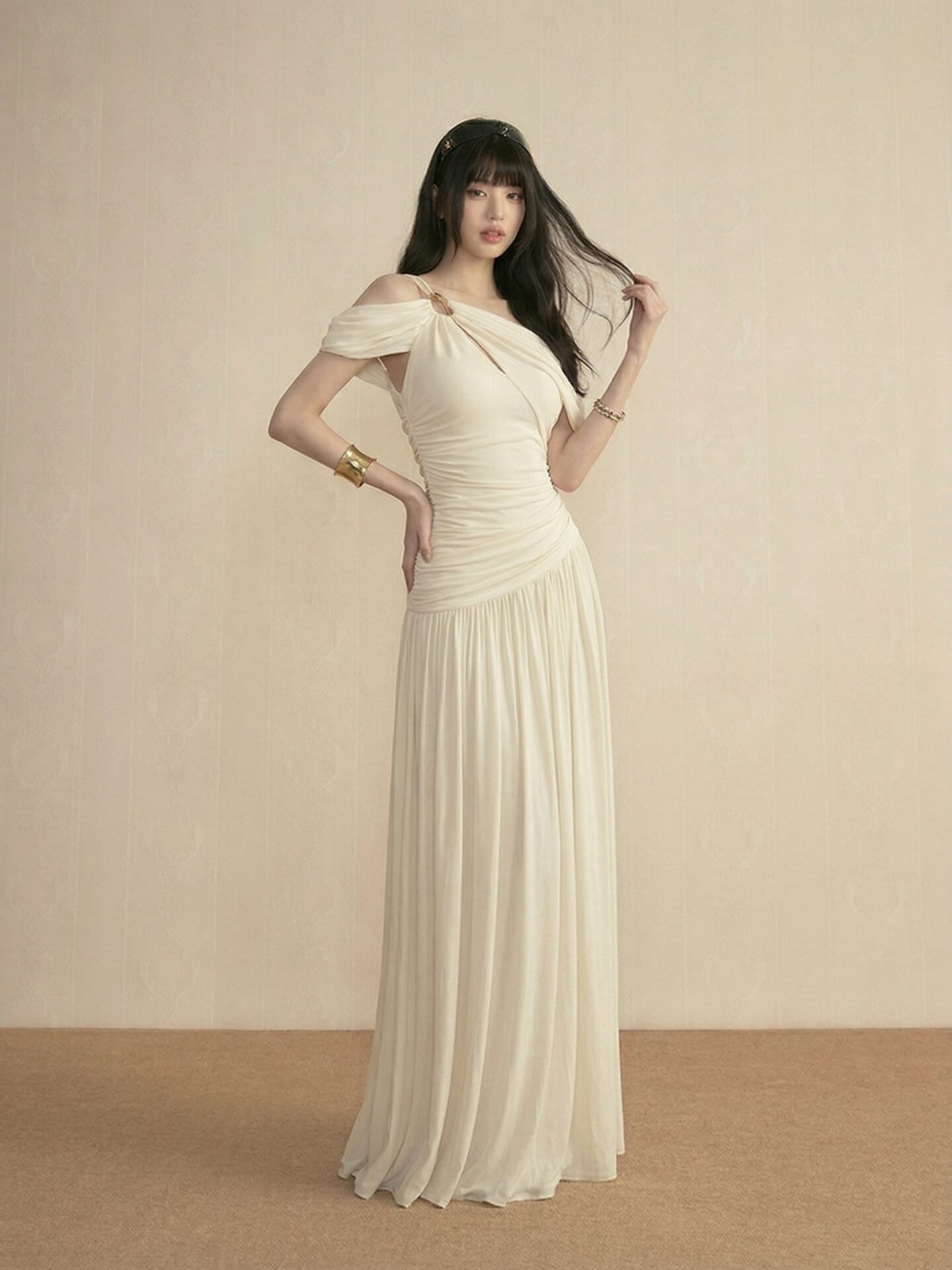 Ivory Asymmetric Draped Off Shoulder Maxi Dress