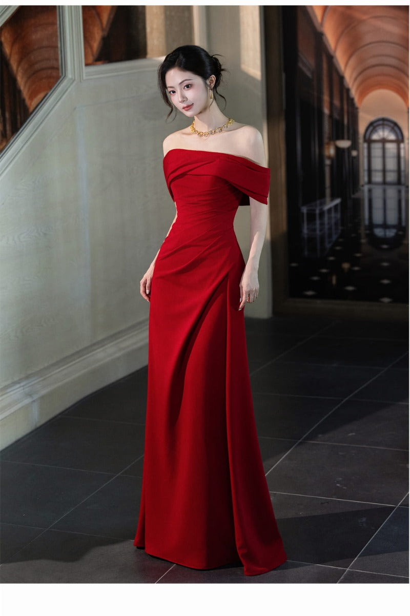Wine Red Off Shoulder Draped A-Line Maxi Dress