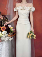 Off Shoulder Rose Appliqué Slit Maxi Dress
