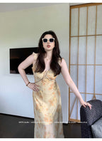 Black/Yellow Floral V Neck Spaghetti Strap A Line Maxi Dress