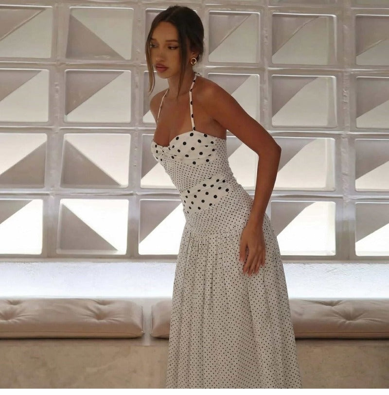 Playful Polka Dot Tie-Back Halter Maxi Dress