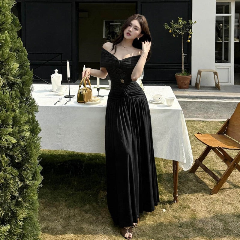 Black/White Off Shoulder Tie Waist A-Line Maxi Dress