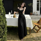 Black/White Off Shoulder Tie Waist A-Line Maxi Dress